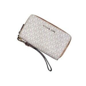 Michael Kors Flat Phone Wallet Wristlet Logo Zip Around Beige Tan Card Holder